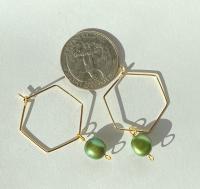 ONE of a KIND, HANDMADE Green Freshwater Pearl Hexagon Dangle Hoops