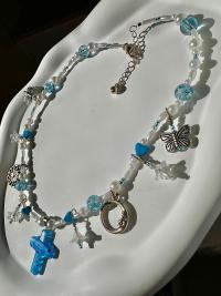 Murano Floral Glass Cross Beaded Charm Necklace