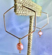 ONE of a KIND, HANDMADE Pink Freshwater Pearl Hexagon Dangle Hoops