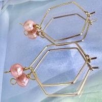 ONE of a KIND, HANDMADE Pink Freshwater Pearl Hexagon Dangle Hoops