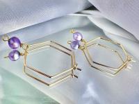 ONE of a KIND, HANDMADE Purple Freshwater Pearl Hexagon Dangle Hoops