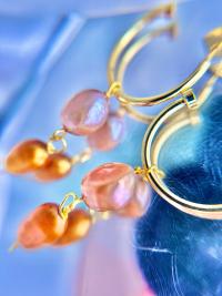 ONE of a KIND, HANDMADE Peach & Orange Pearl Dangle Hoops
