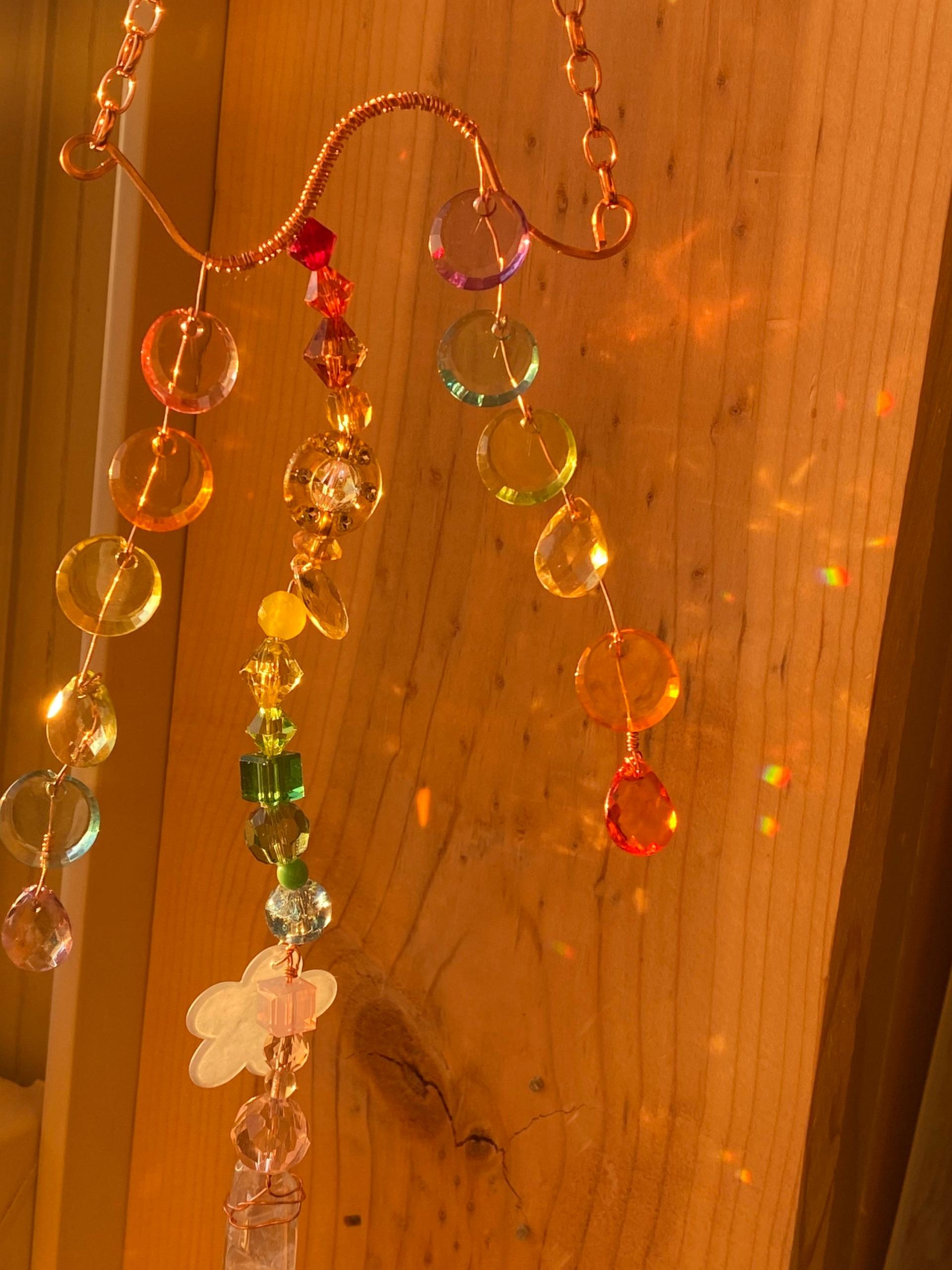 Rainbow Prismatic Aura Quartz and Crystal Copper Suncatcher