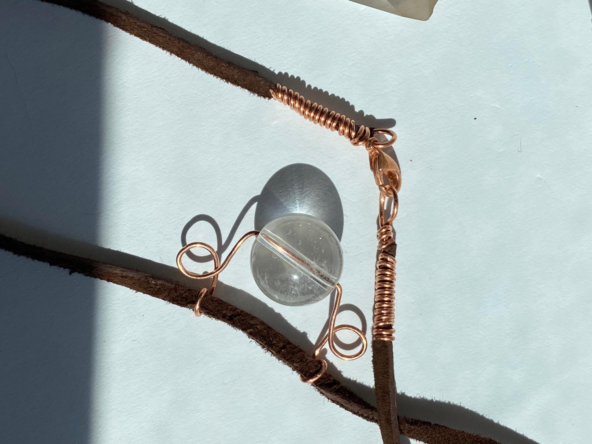 ONE of a KIND, HANDMADE Optical Quartz Sphere Copper Leather Choker Necklace