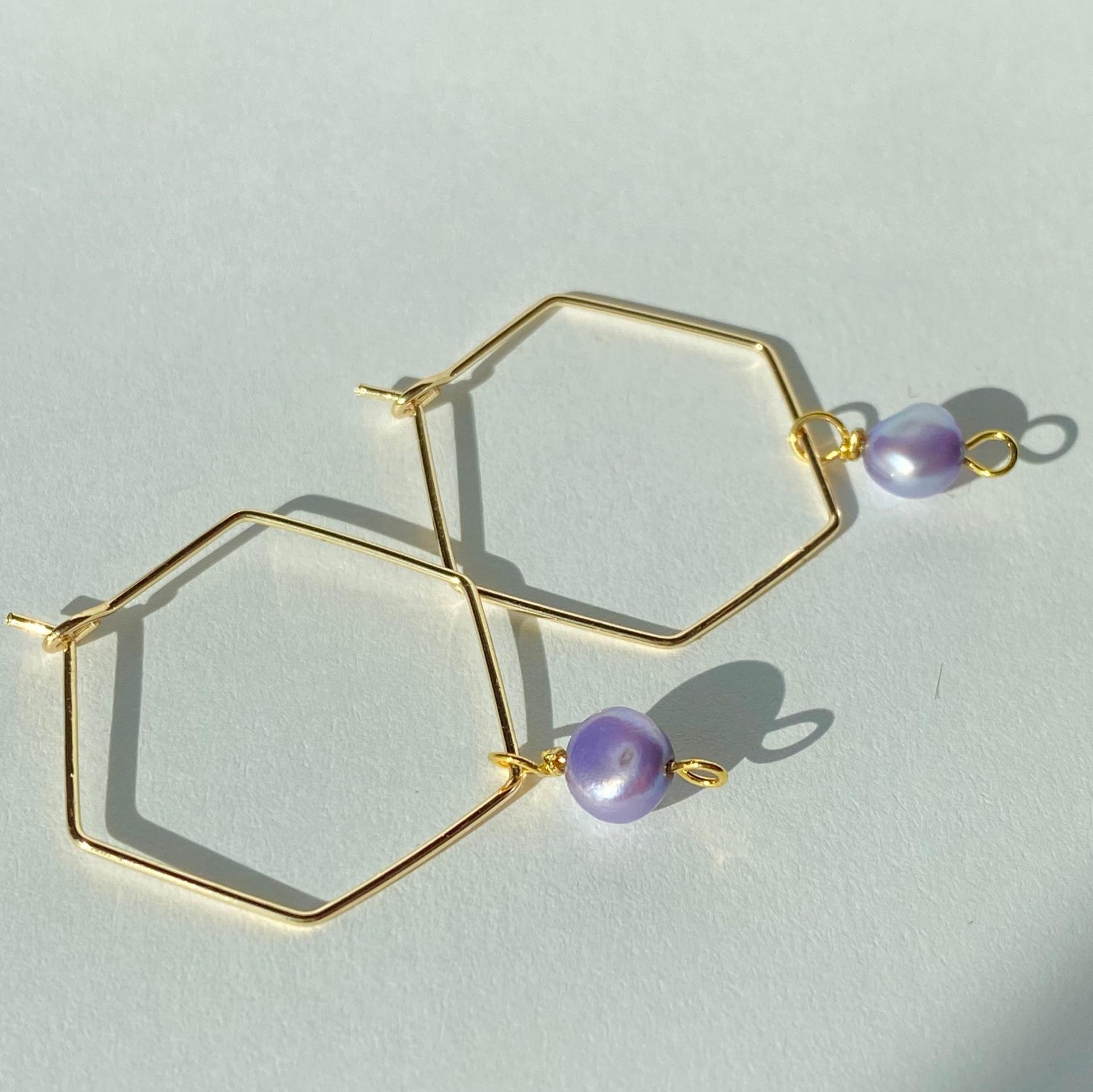 ONE of a KIND, HANDMADE Purple Freshwater Pearl Hexagon Dangle Hoops