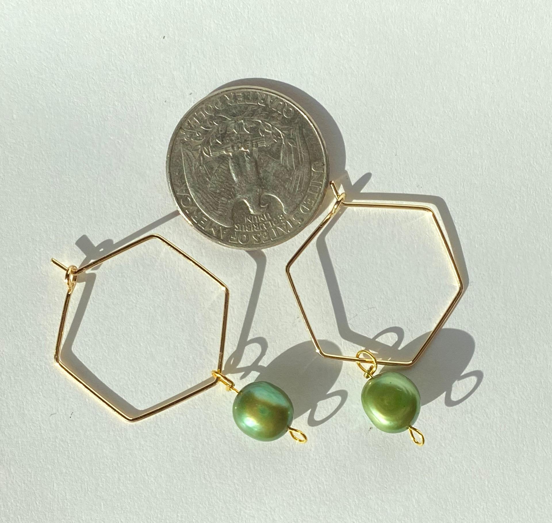 ONE of a KIND, HANDMADE Green Freshwater Pearl Hexagon Dangle Hoops