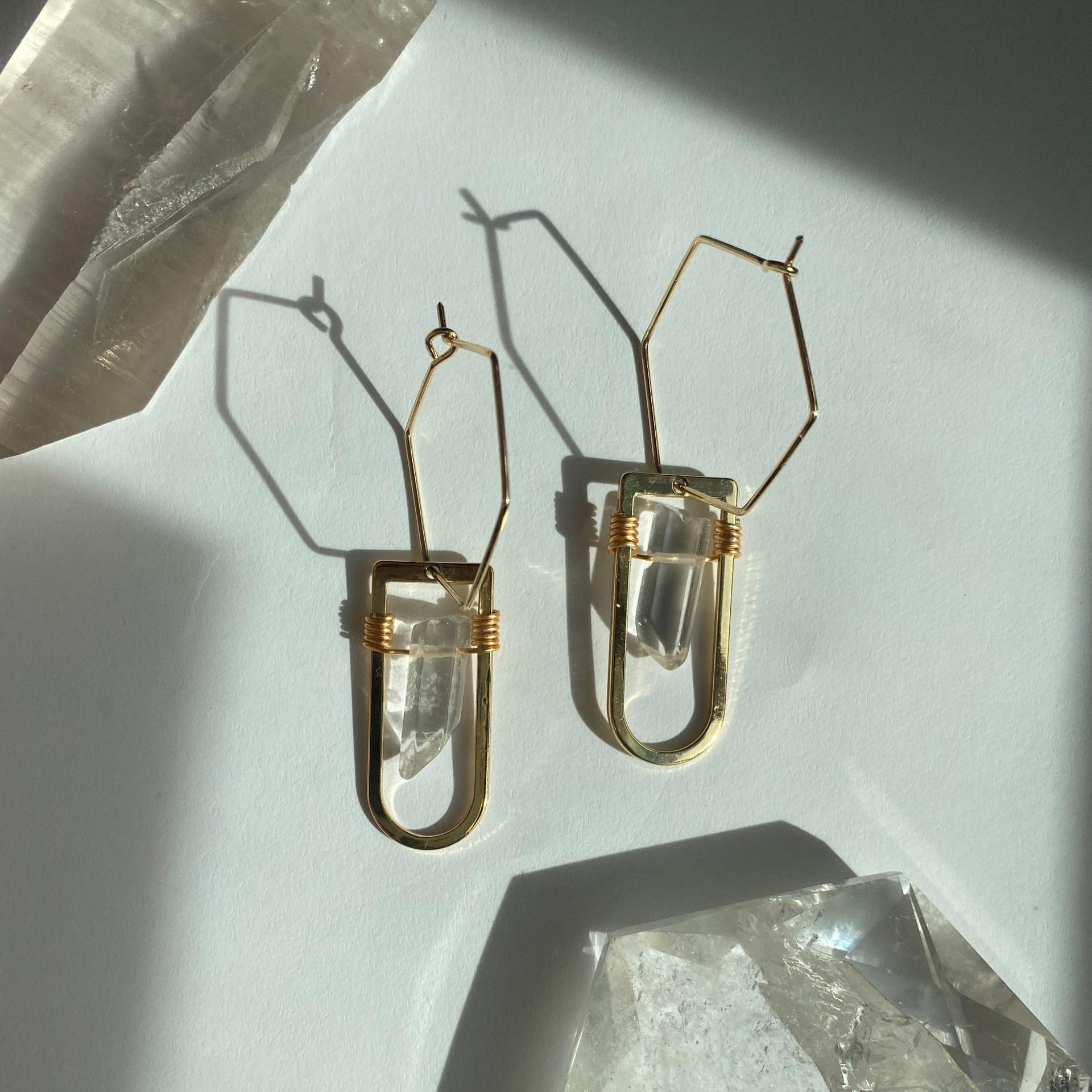Quartz Geo Gold Hexagon Hoops