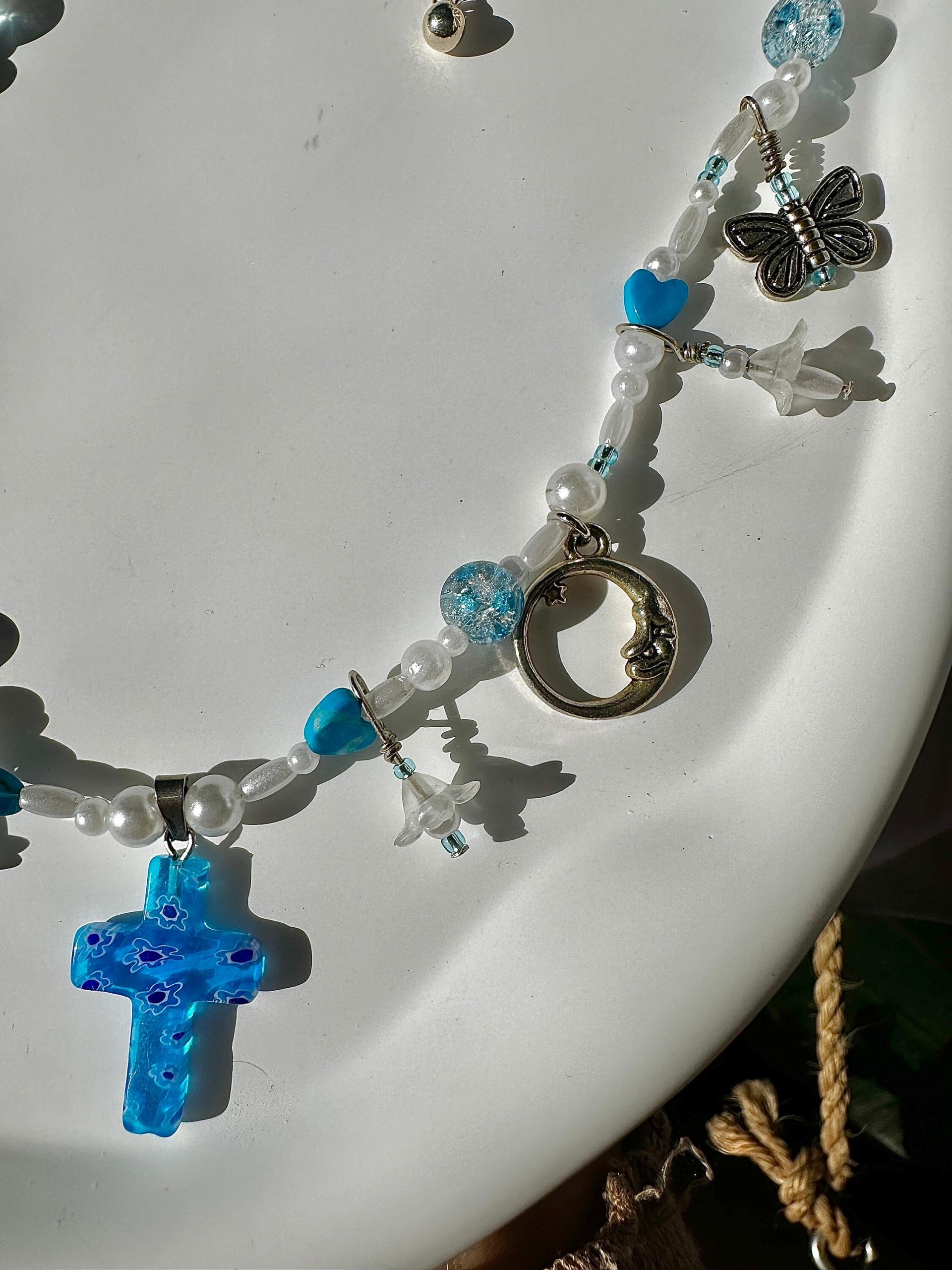 Murano Floral Glass Cross Beaded Charm Necklace