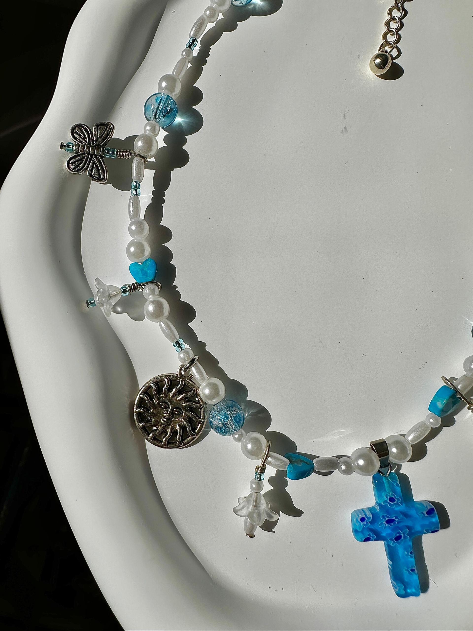 Murano Floral Glass Cross Beaded Charm Necklace