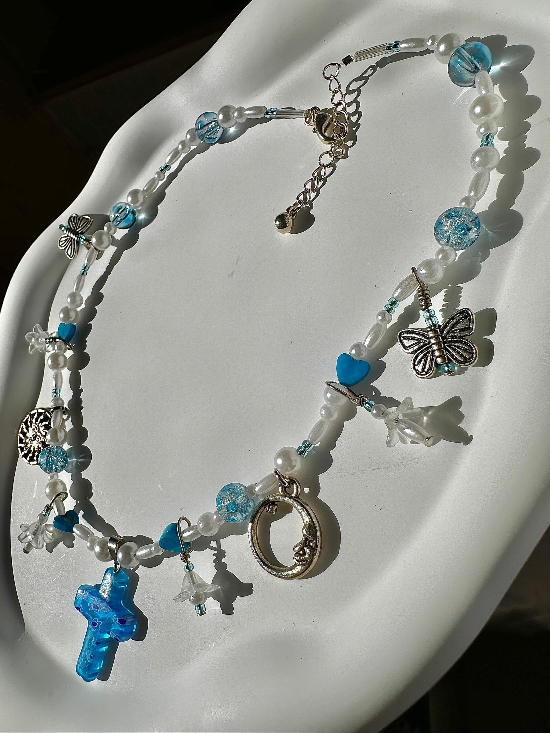 Murano Floral Glass Cross Beaded Charm Necklace