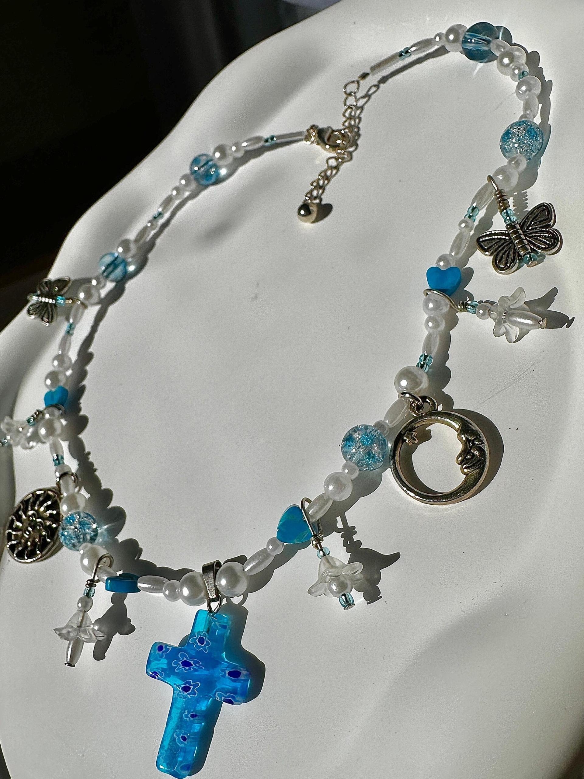 Murano Floral Glass Cross Beaded Charm Necklace