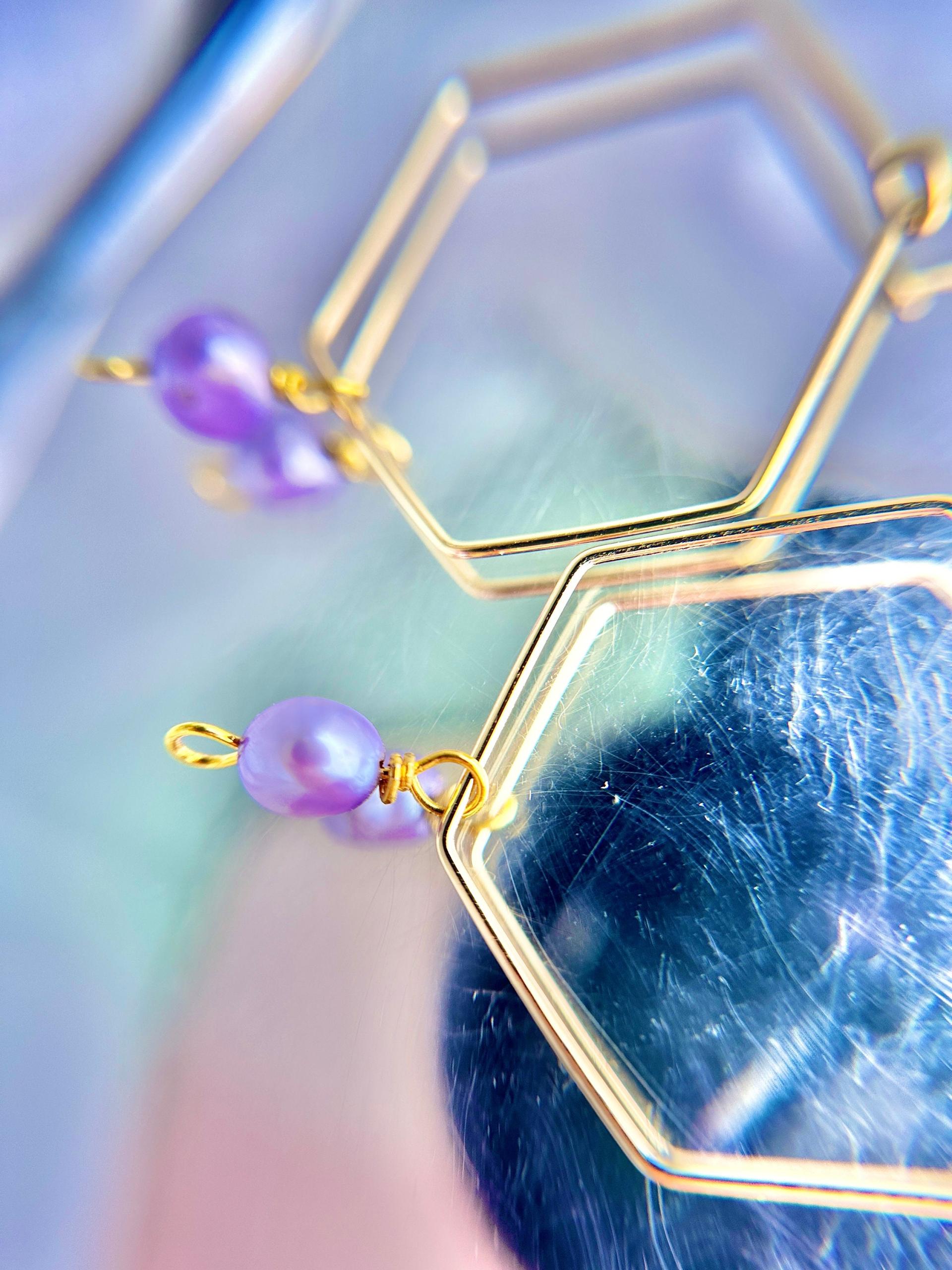 ONE of a KIND, HANDMADE Purple Freshwater Pearl Hexagon Dangle Hoops