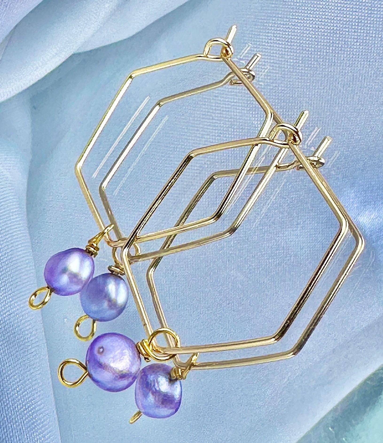 ONE of a KIND, HANDMADE Purple Freshwater Pearl Hexagon Dangle Hoops