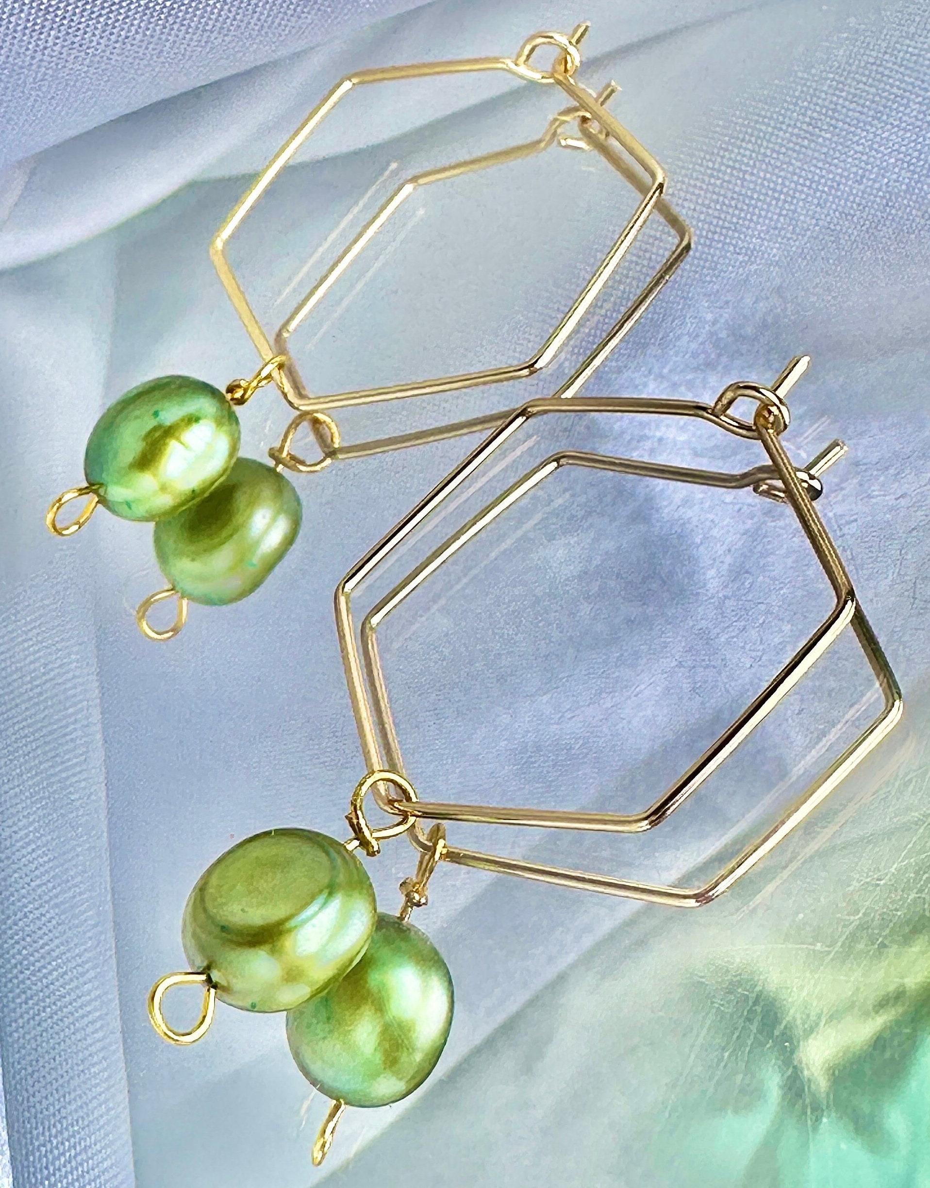 ONE of a KIND, HANDMADE Green Freshwater Pearl Hexagon Dangle Hoops