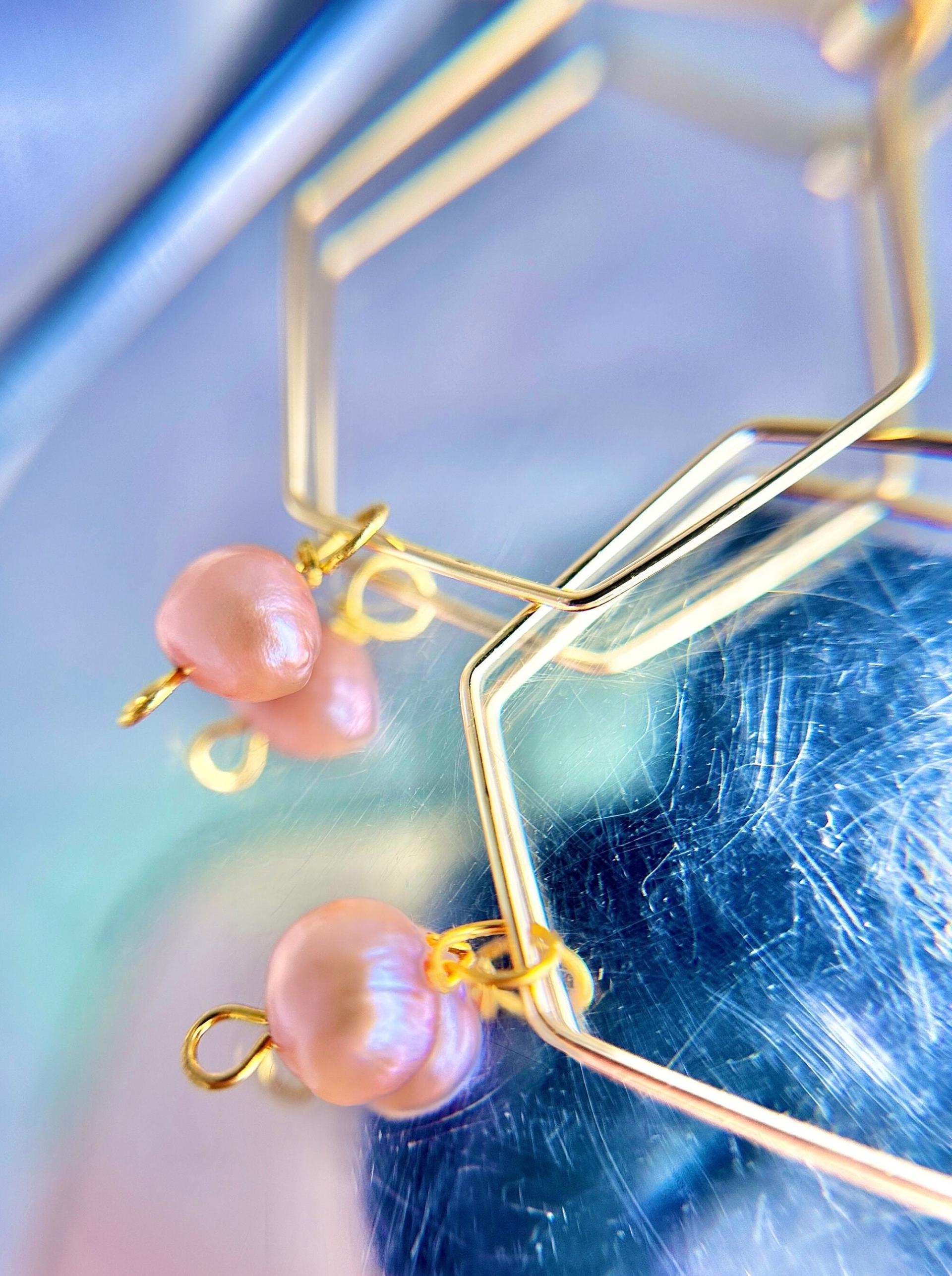 ONE of a KIND, HANDMADE Pink Freshwater Pearl Hexagon Dangle Hoops