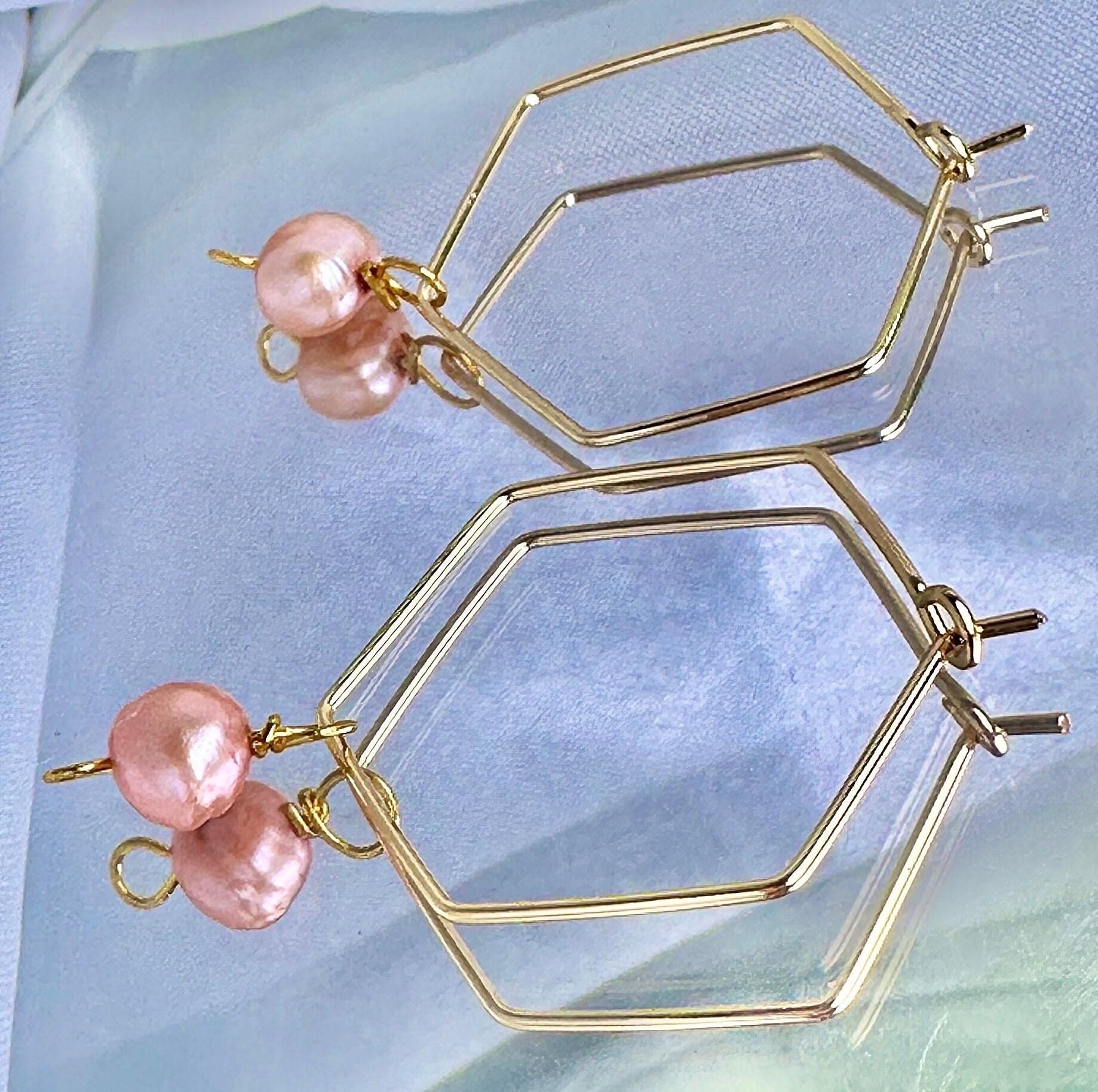 ONE of a KIND, HANDMADE Pink Freshwater Pearl Hexagon Dangle Hoops