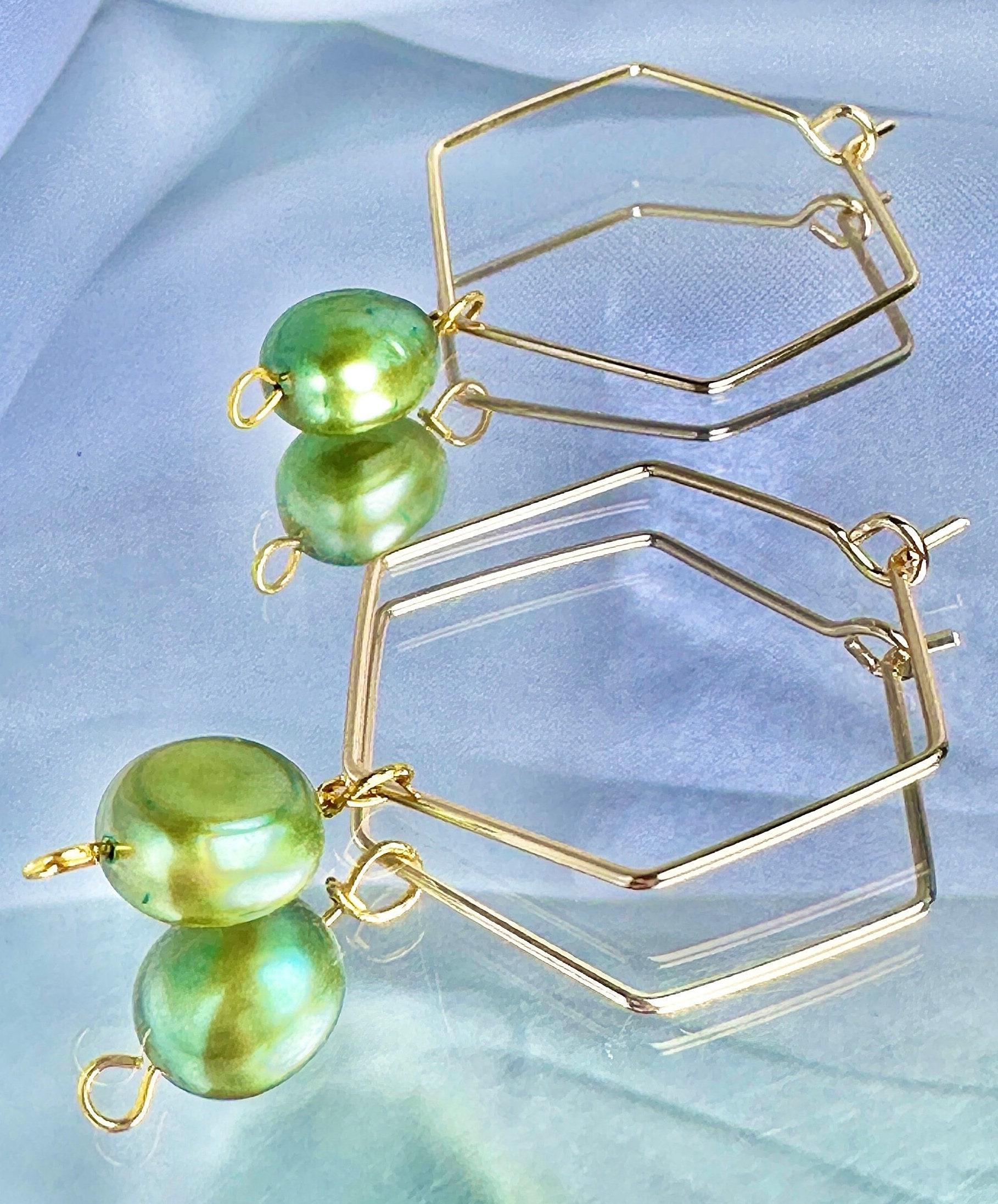 ONE of a KIND, HANDMADE Green Freshwater Pearl Hexagon Dangle Hoops