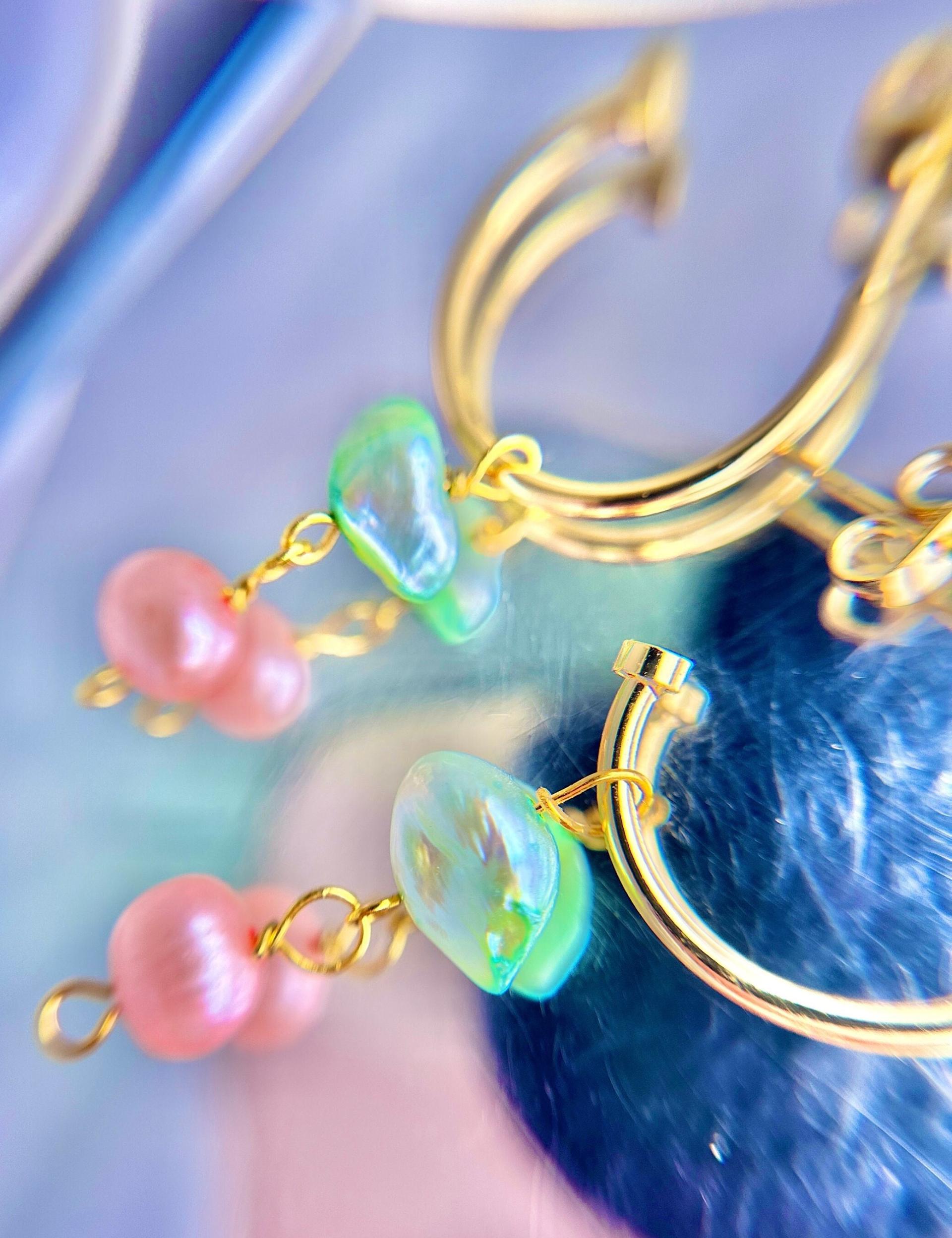 ONE of a KIND, HANDMADE Pink & Aqua Green Pearl Dangle Hoops
