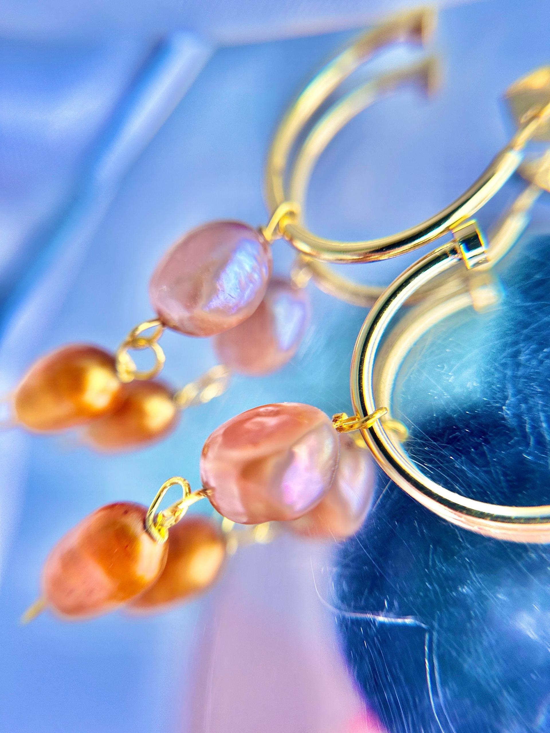 ONE of a KIND, HANDMADE Peach & Orange Pearl Dangle Hoops