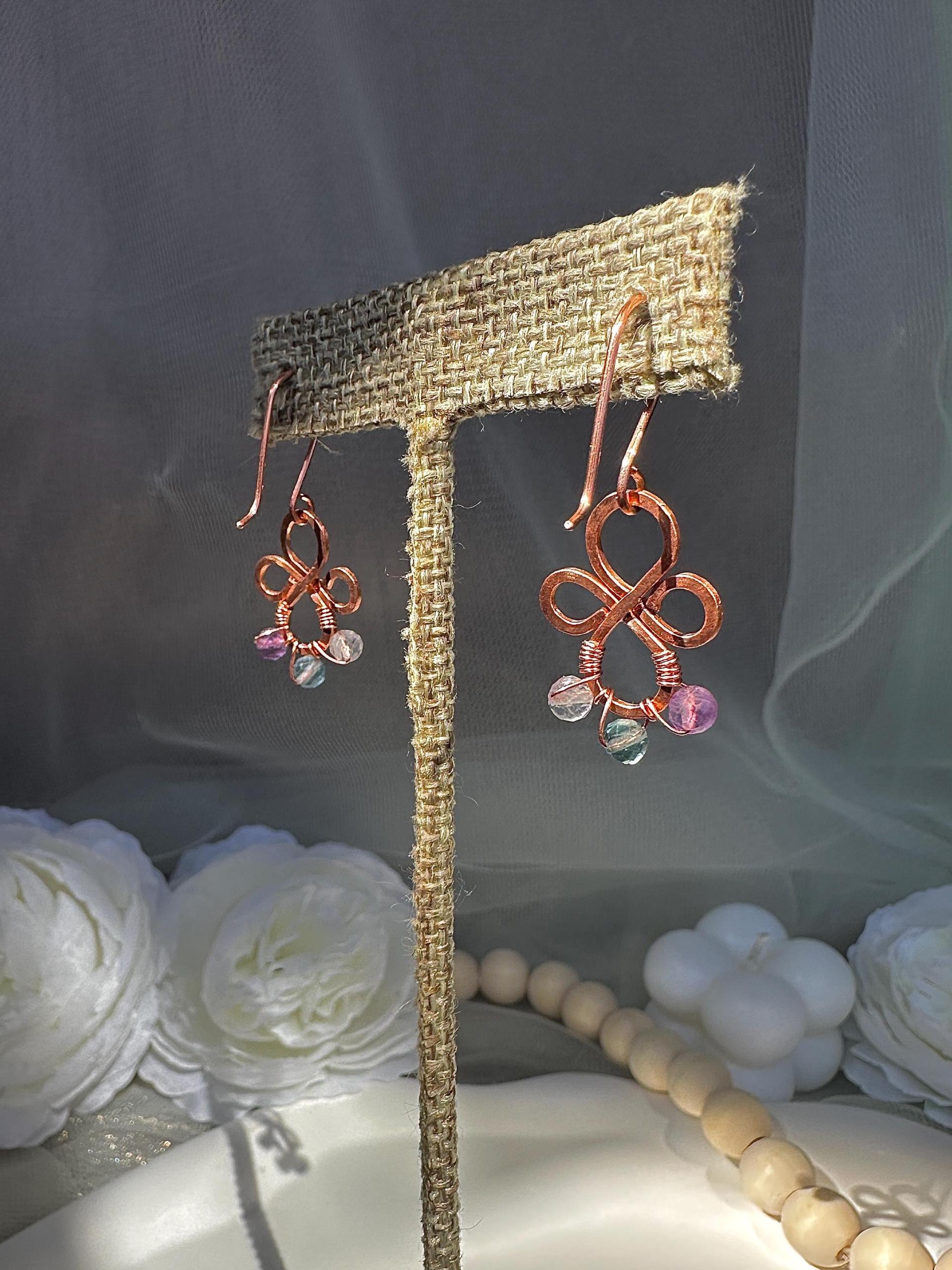 Handmade Natural Fluorite Hammered Copper Earrings
