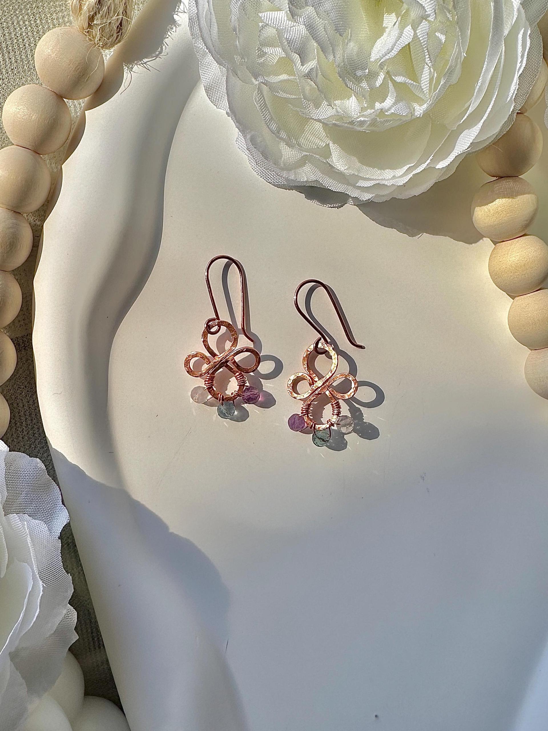 Handmade Natural Fluorite Hammered Copper Earrings