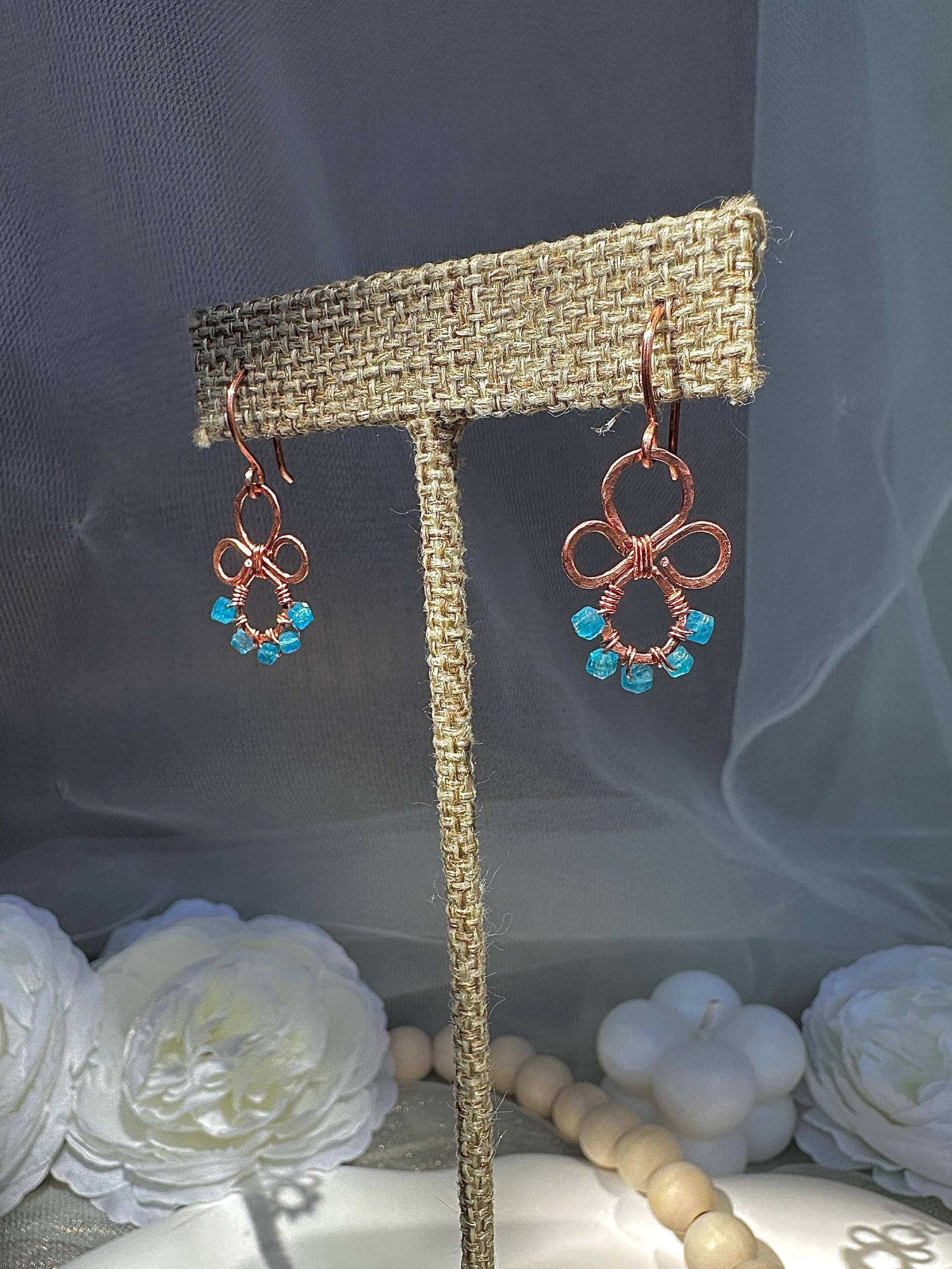 Handmade Natural Apatite Hammered Copper Earrings