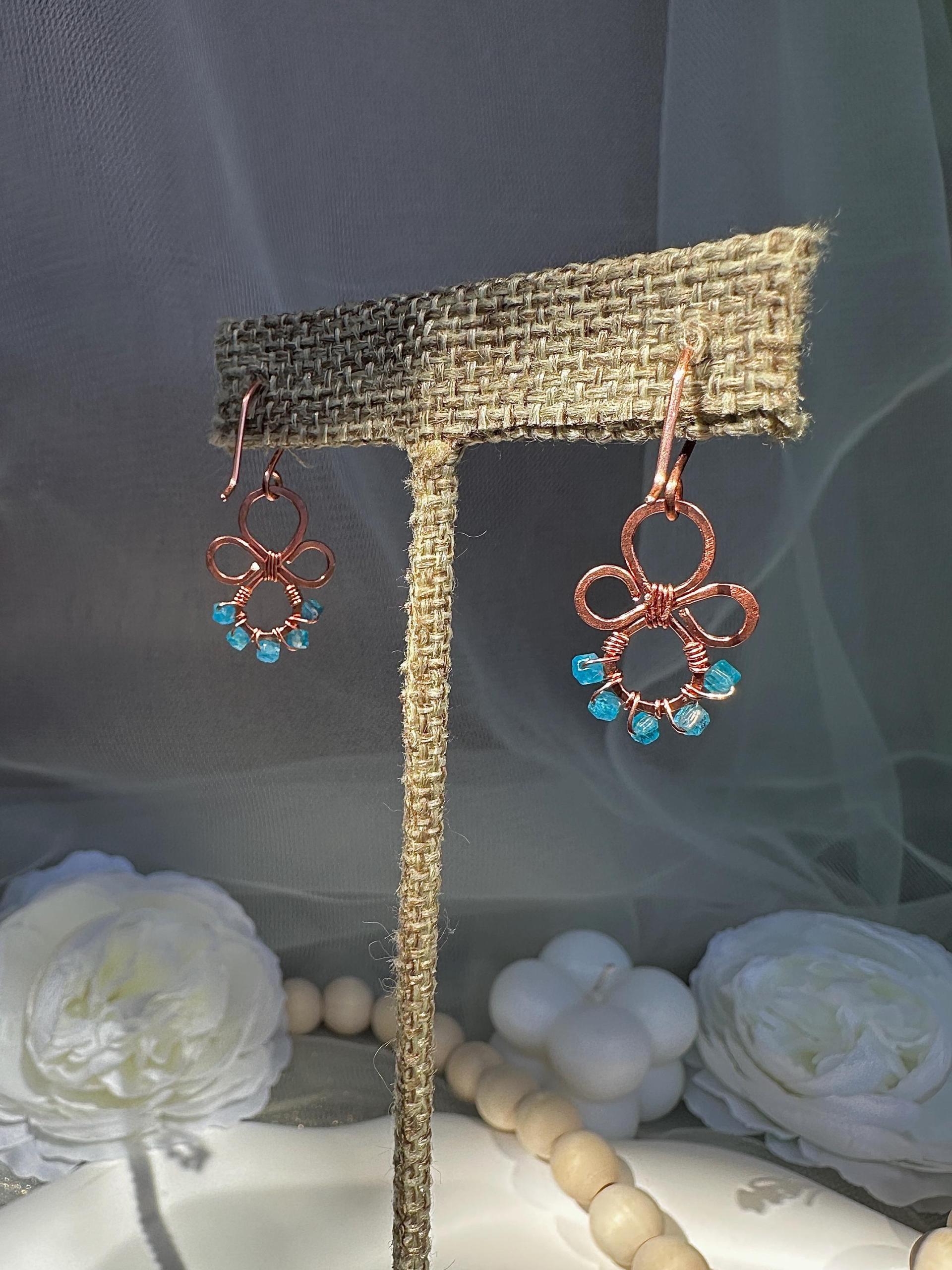Handmade Natural Apatite Hammered Copper Earrings
