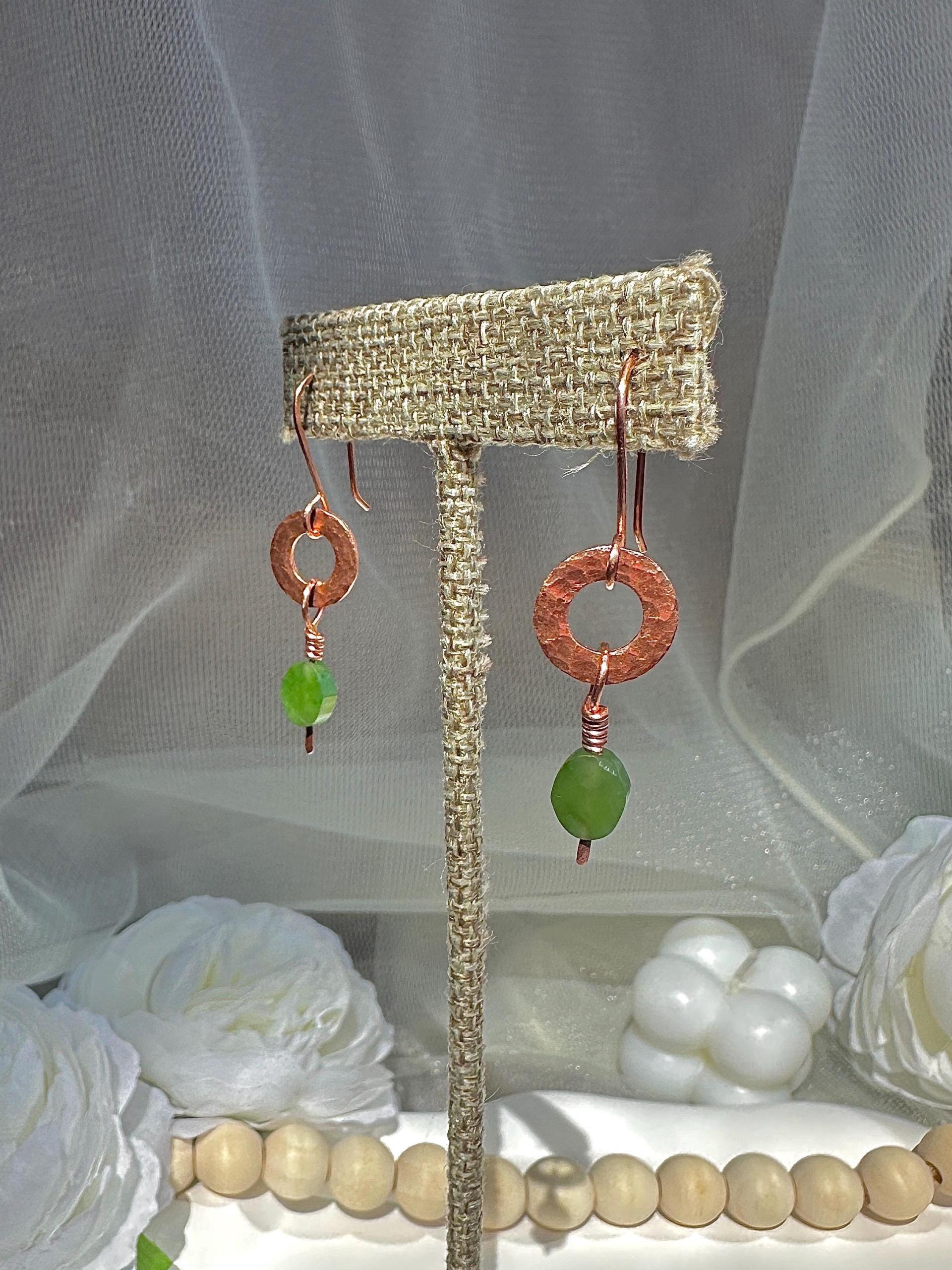 Handmade Natural Jade Hammered Copper Earrings