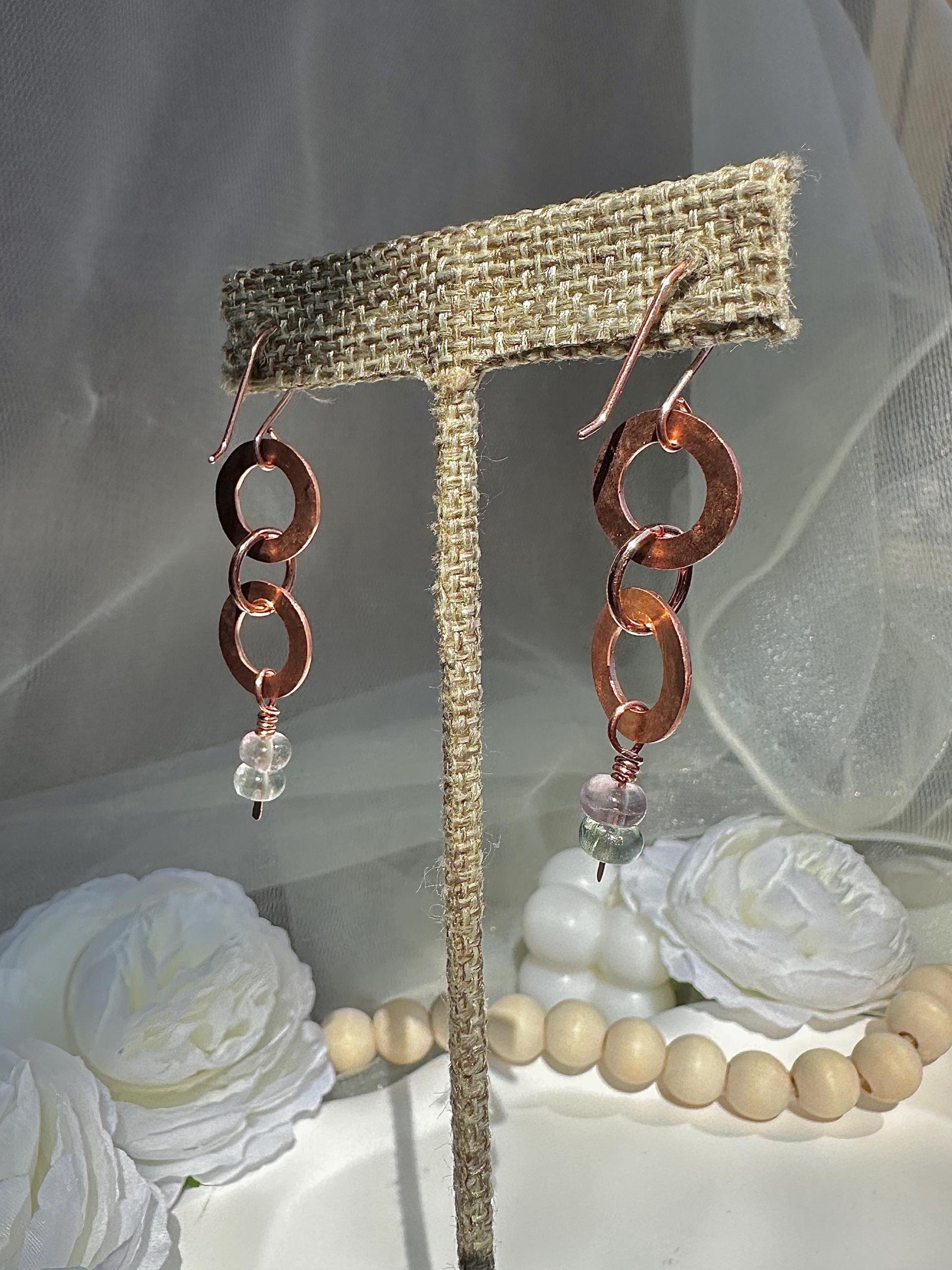 Handmade Natural Fluorite Hammered Copper Earrings