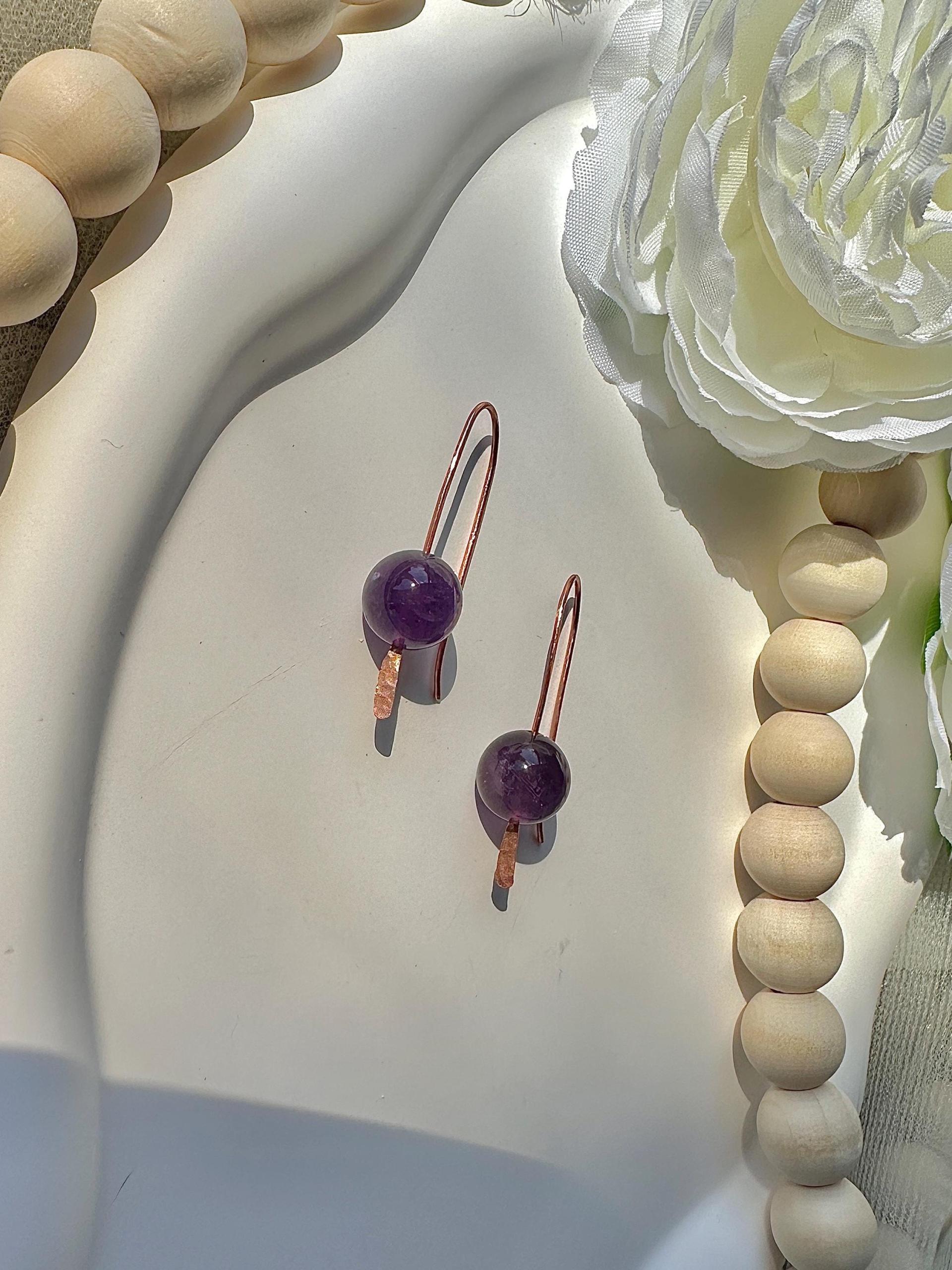 Handmade Minimalist Natural Amethyst Hammered Copper Earrings