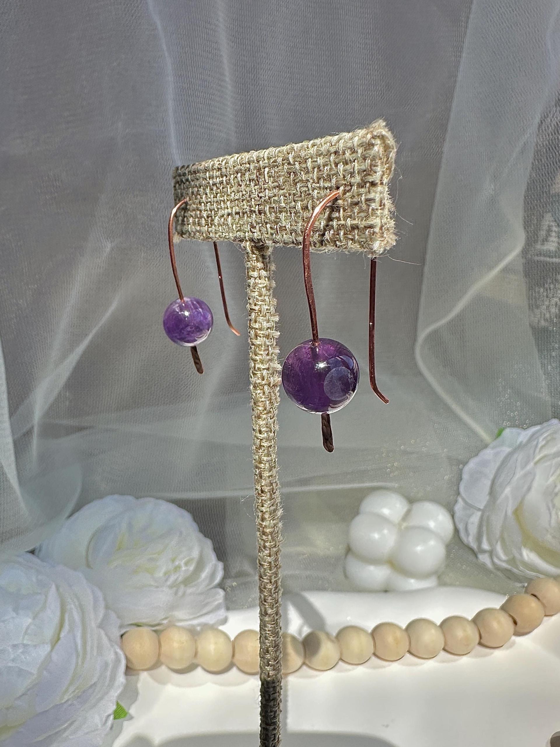 Handmade Minimalist Natural Amethyst Hammered Copper Earrings