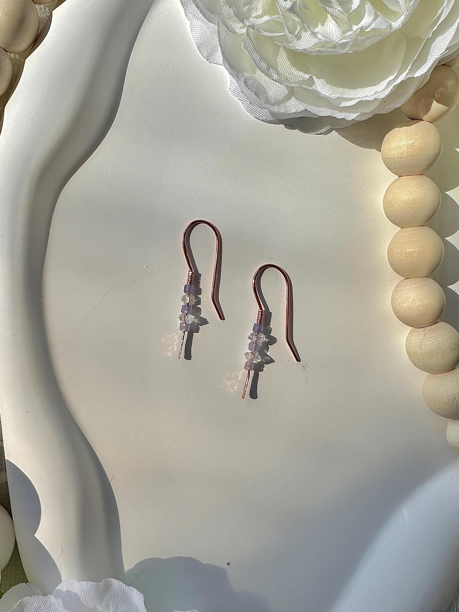 Handmade Minimalist Natural Herkimer Diamond and Tanzanite Hammered Copper Earrings