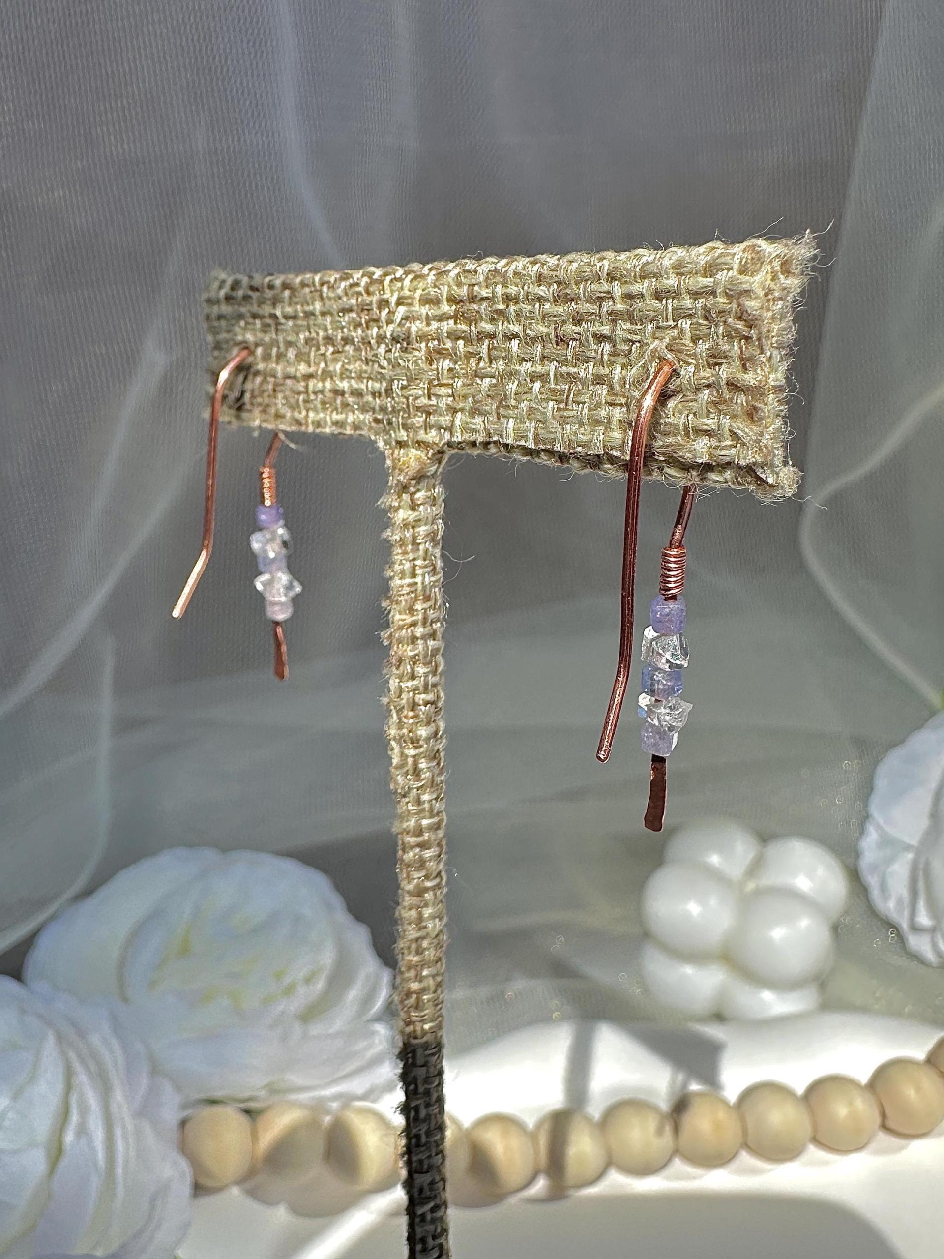 Handmade Minimalist Natural Herkimer Diamond and Tanzanite Hammered Copper Earrings