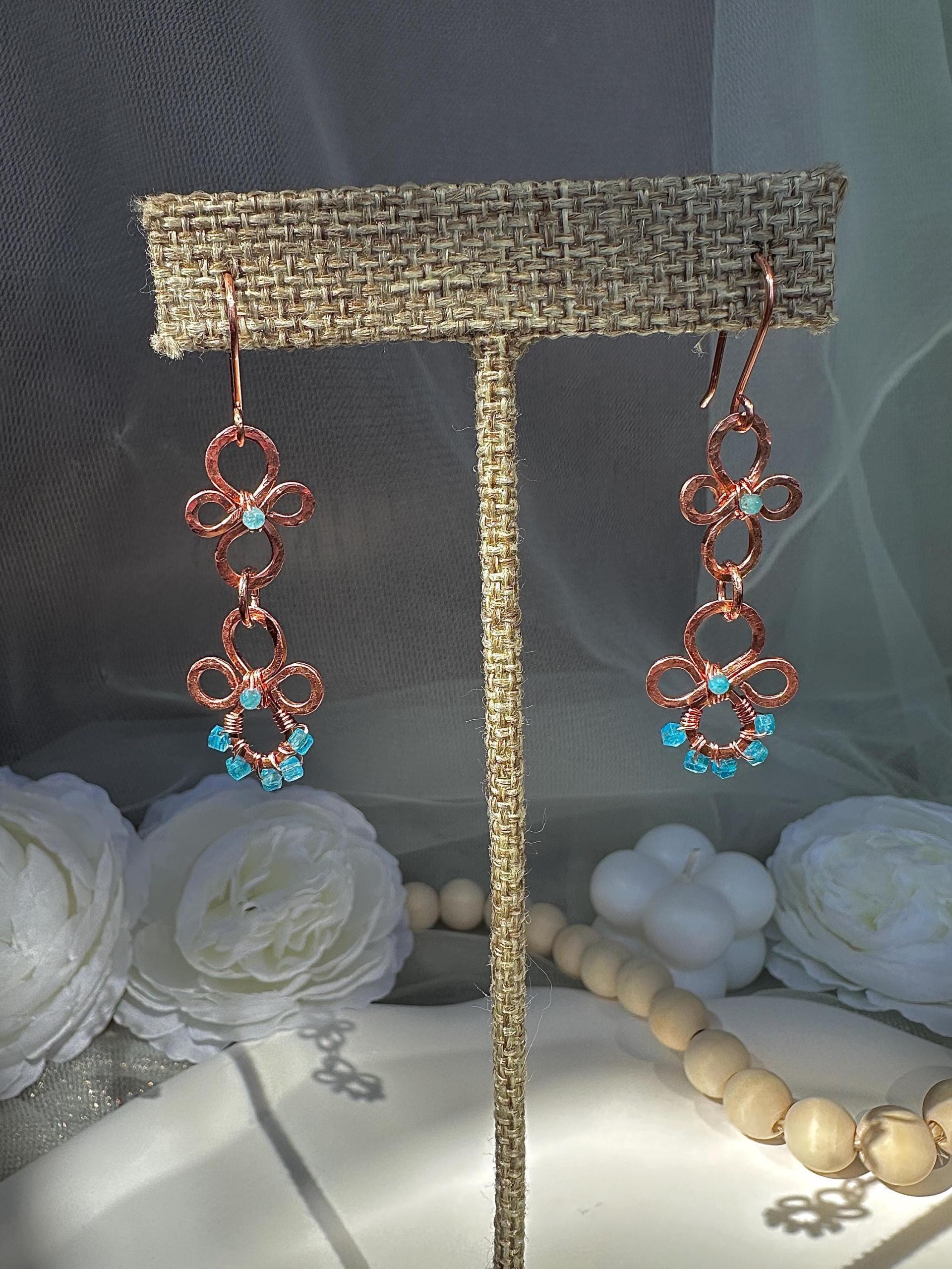 Handmade Natural Apatite Hammered Copper Dangle Earrings