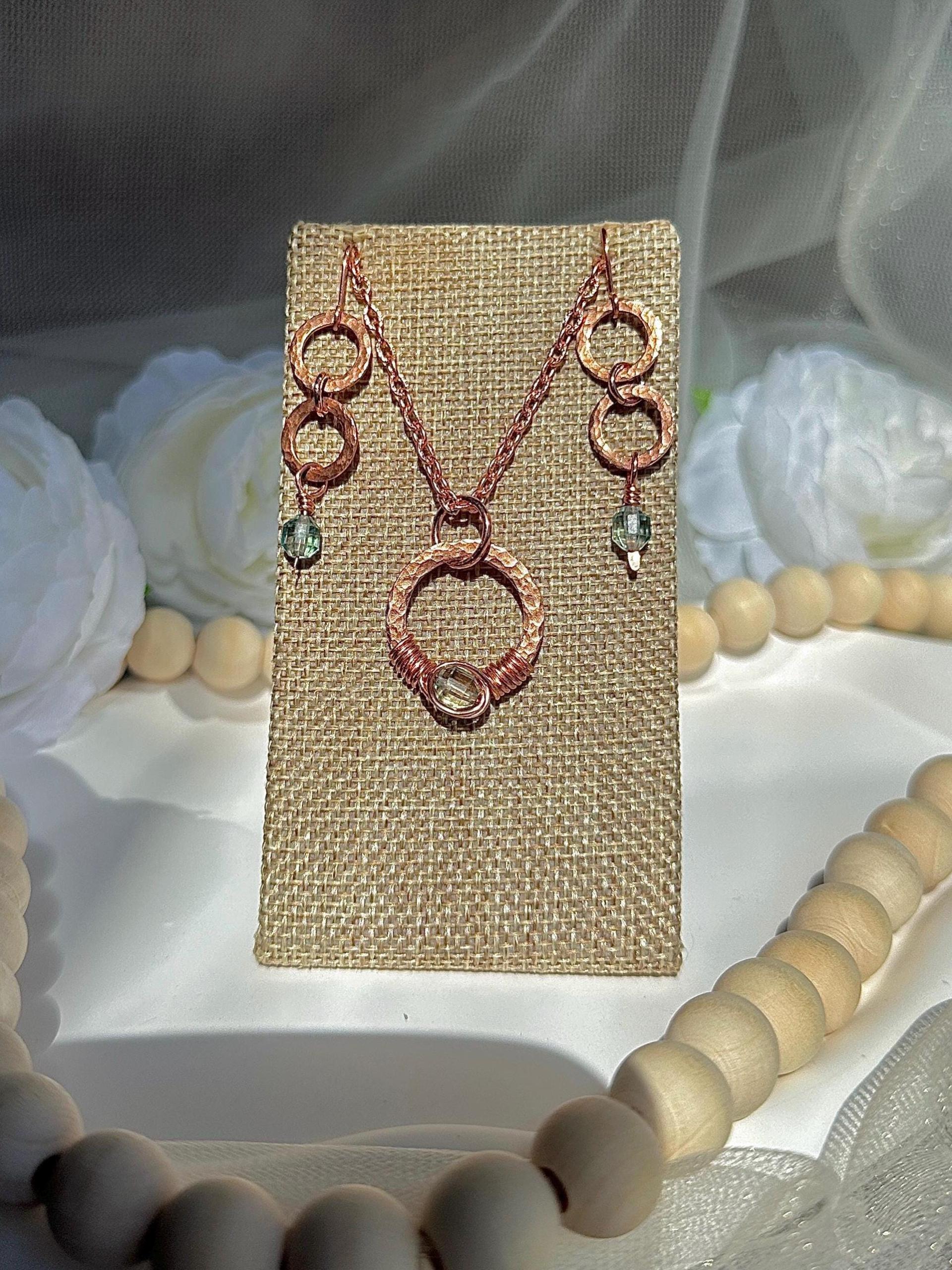 Handmade Fluorite Hammered Copper Link Necklace and Earrings Set