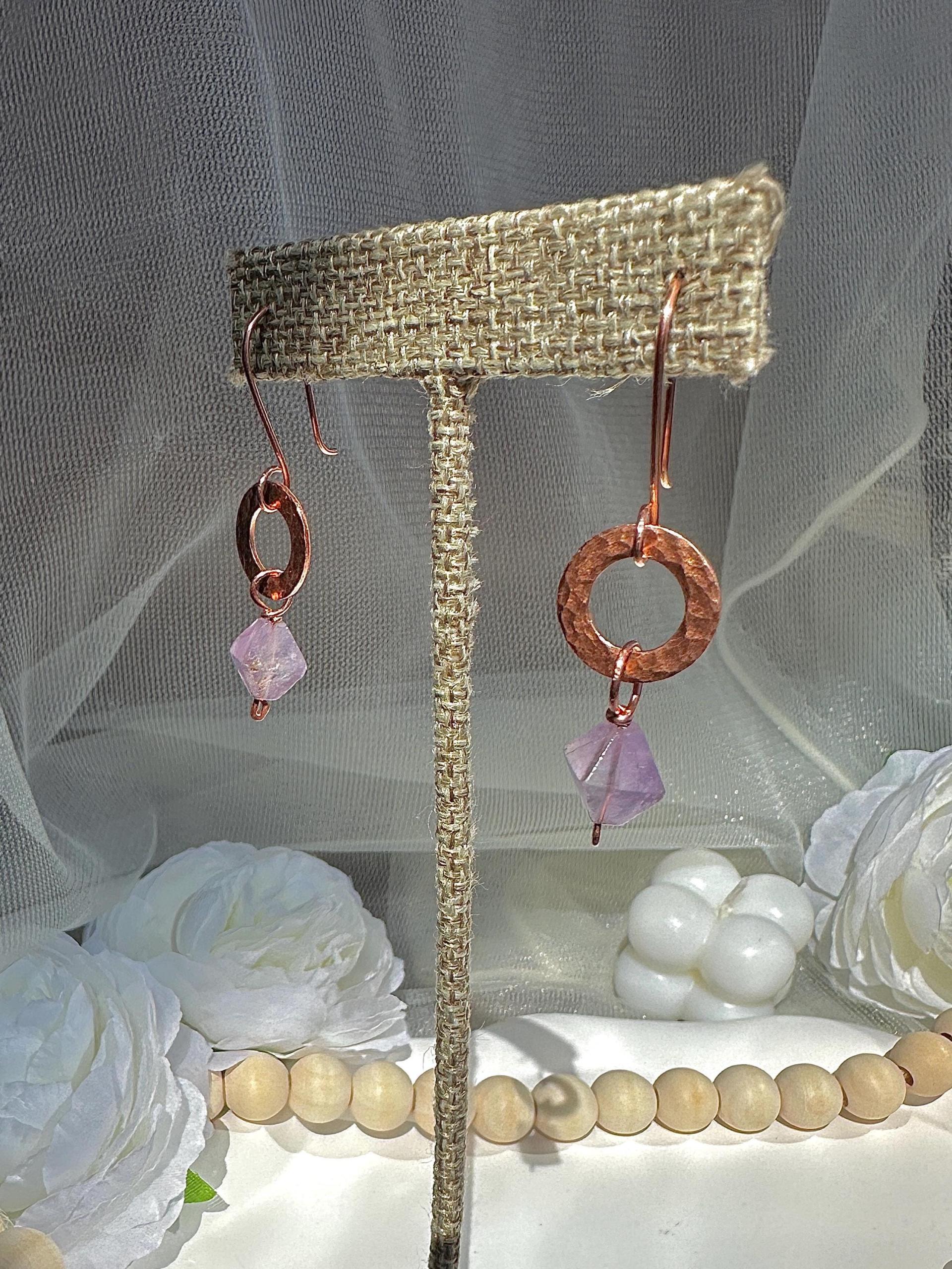 Handmade Natural Amethyst Hammered Copper Link Earrings