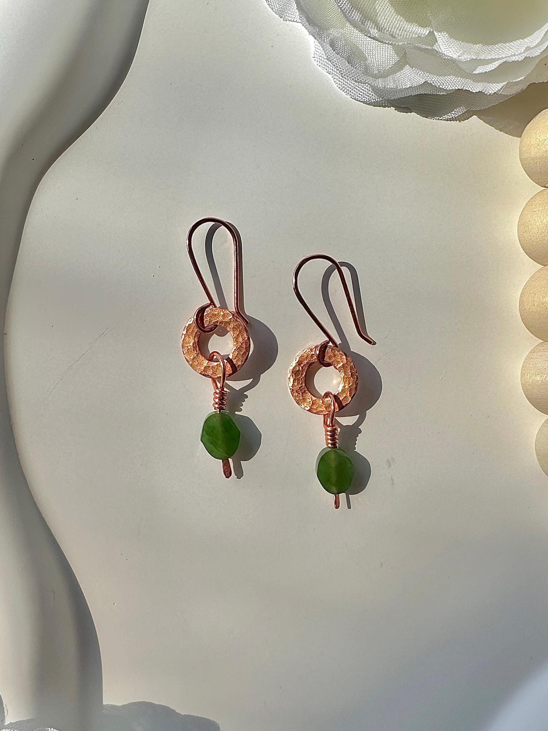 Handmade Natural Jade Hammered Copper Earrings