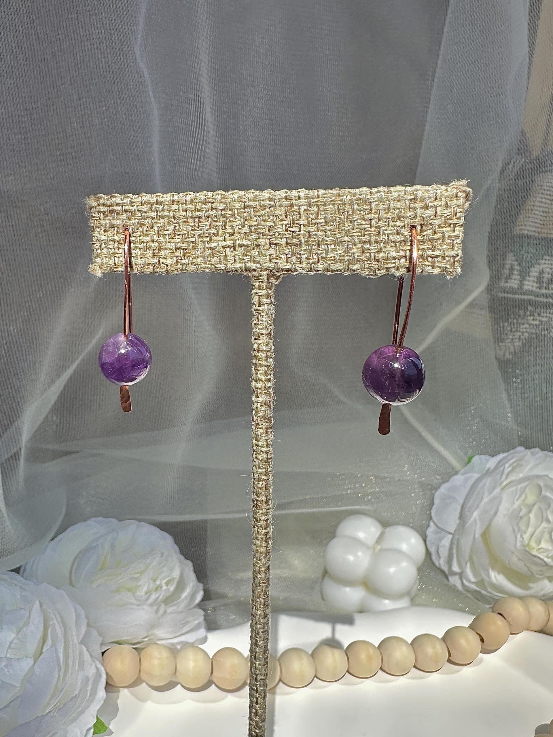 Handmade Minimalist Natural Amethyst Hammered Copper Earrings