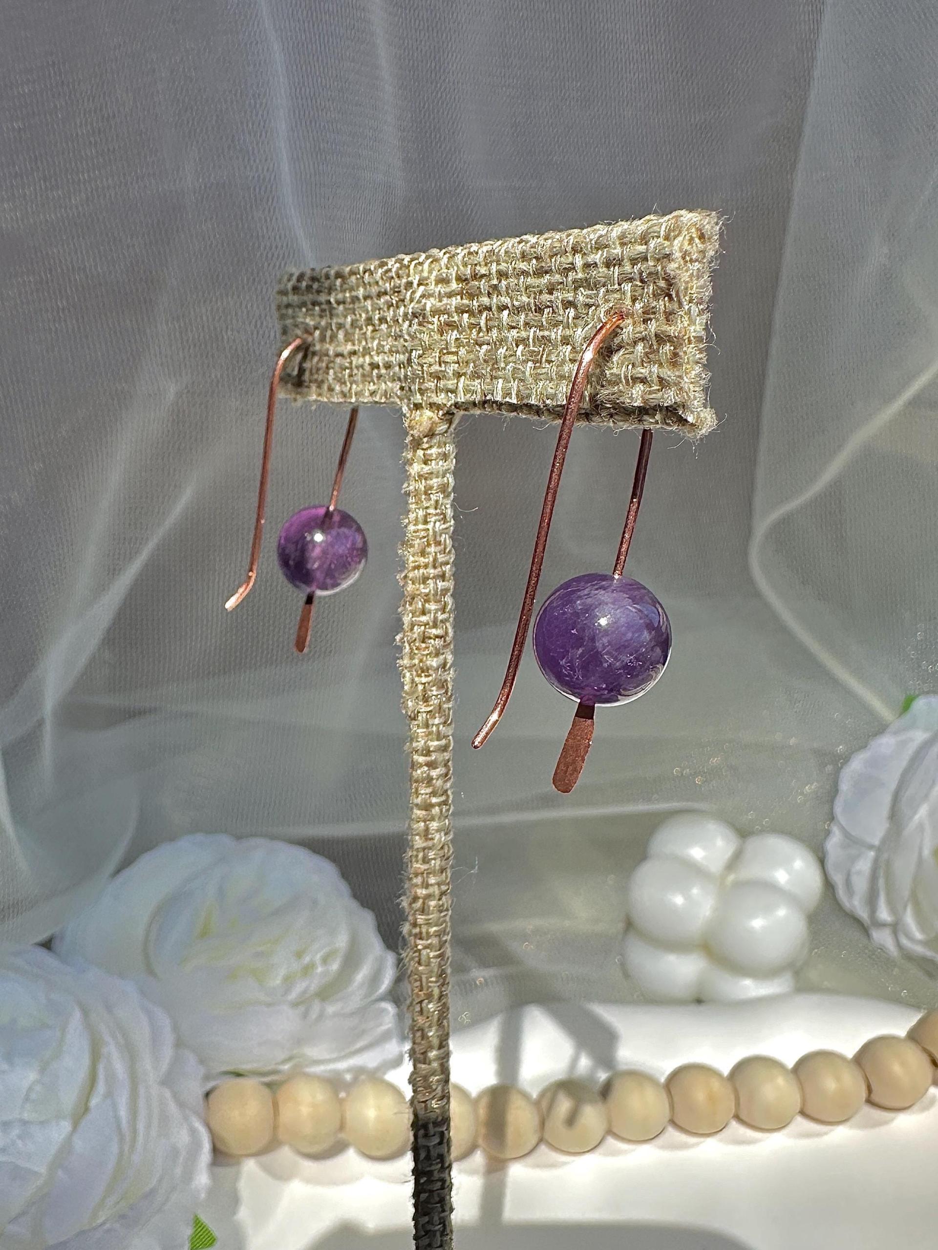 Handmade Minimalist Natural Amethyst Hammered Copper Earrings