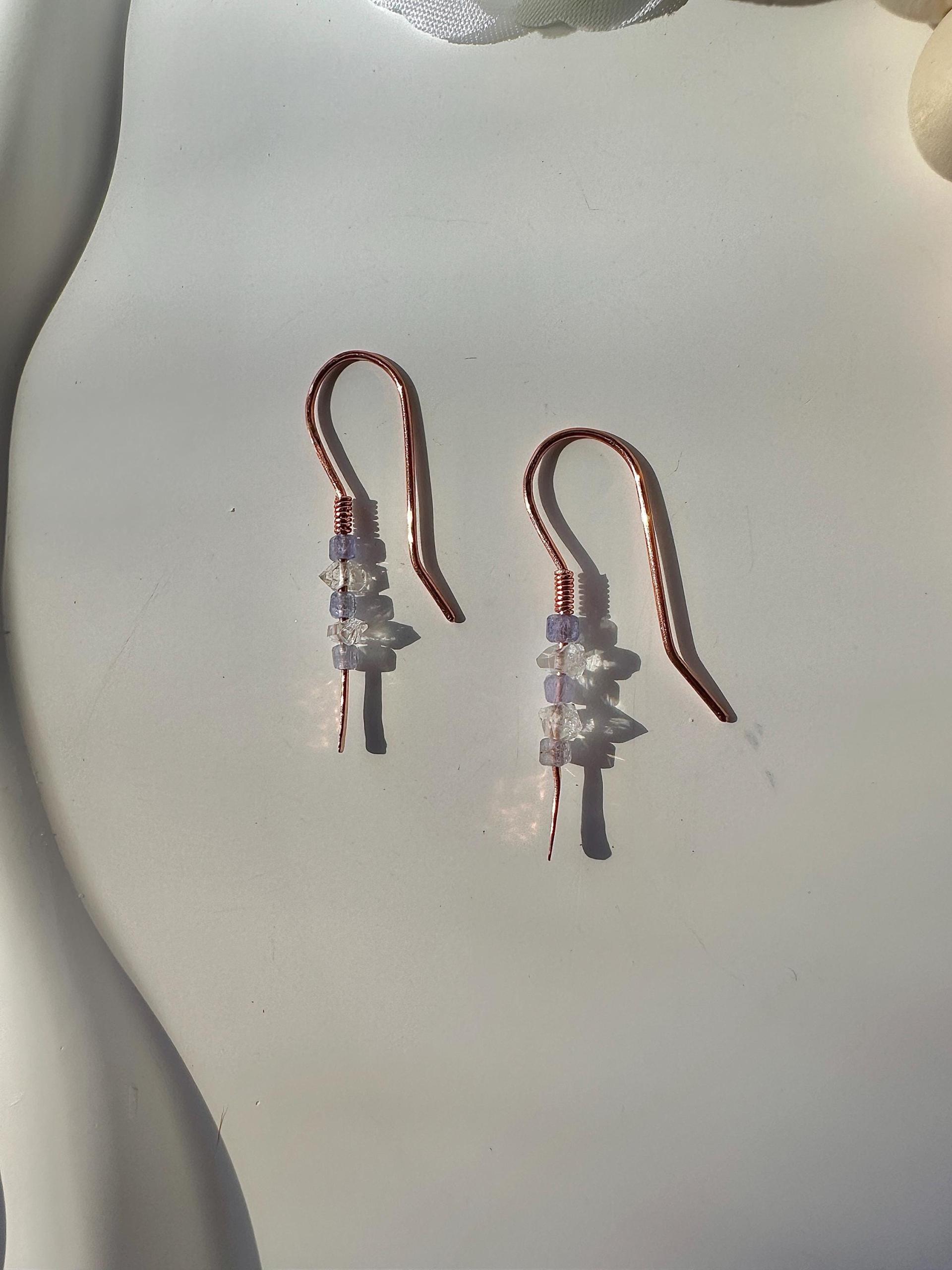 Handmade Minimalist Natural Herkimer Diamond and Tanzanite Hammered Copper Earrings