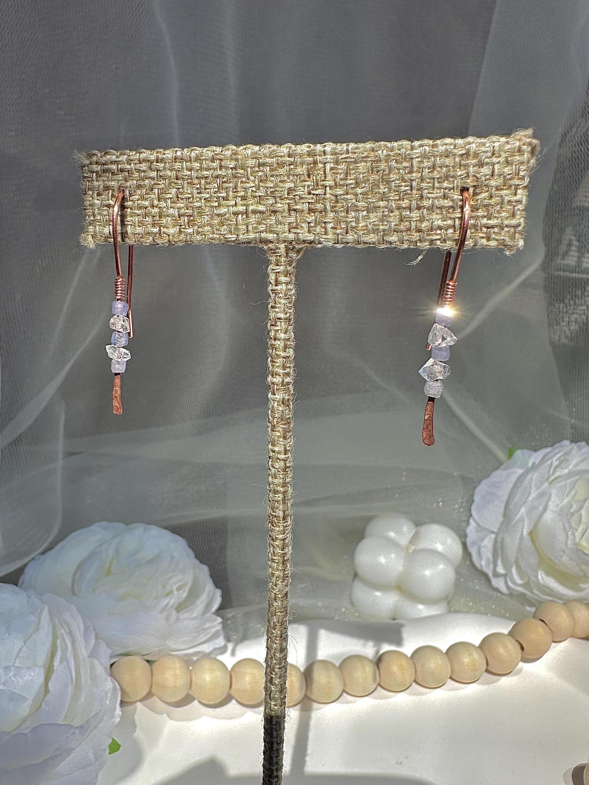 Handmade Minimalist Natural Herkimer Diamond and Tanzanite Hammered Copper Earrings