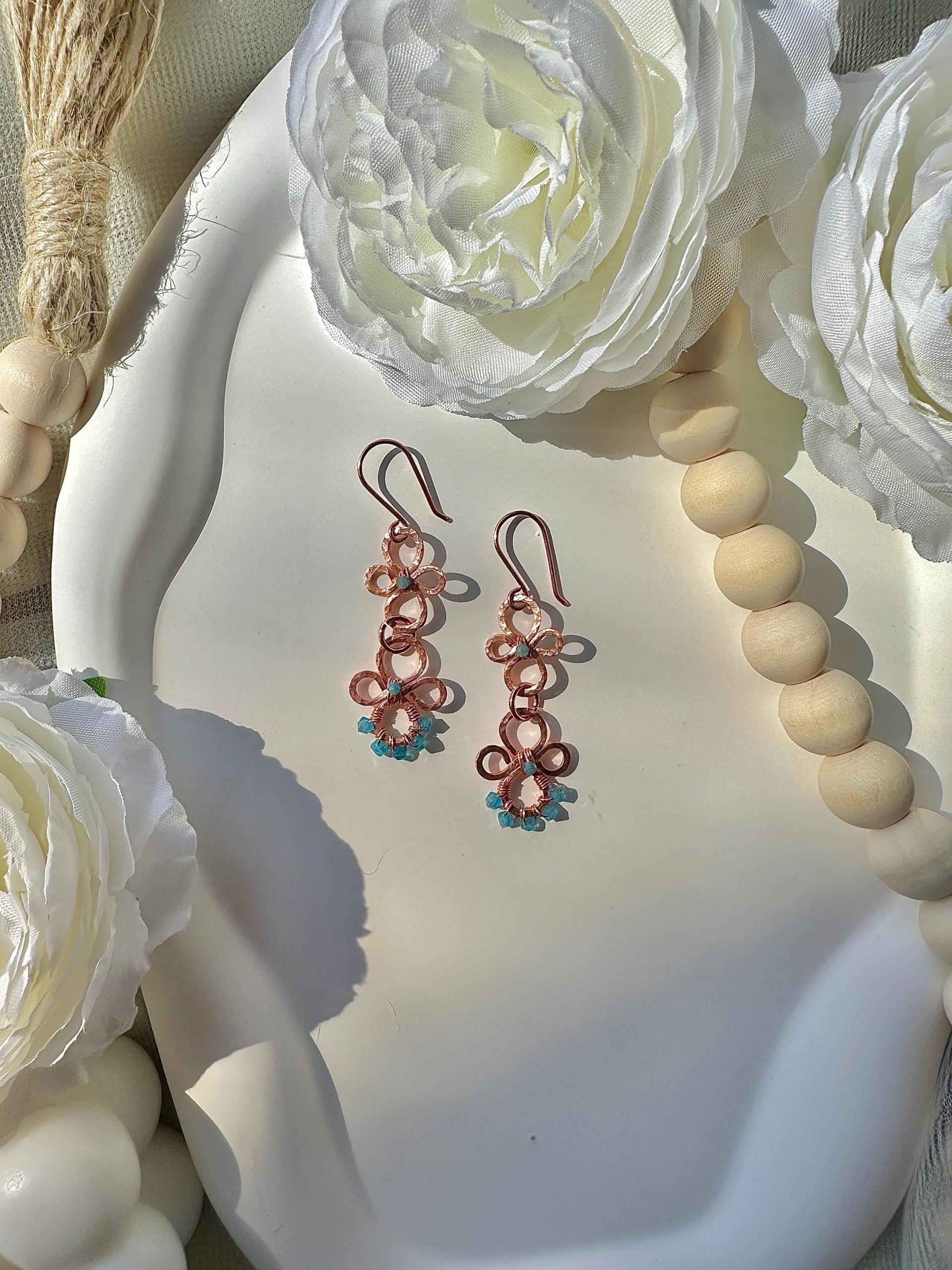 Handmade Natural Apatite Hammered Copper Dangle Earrings