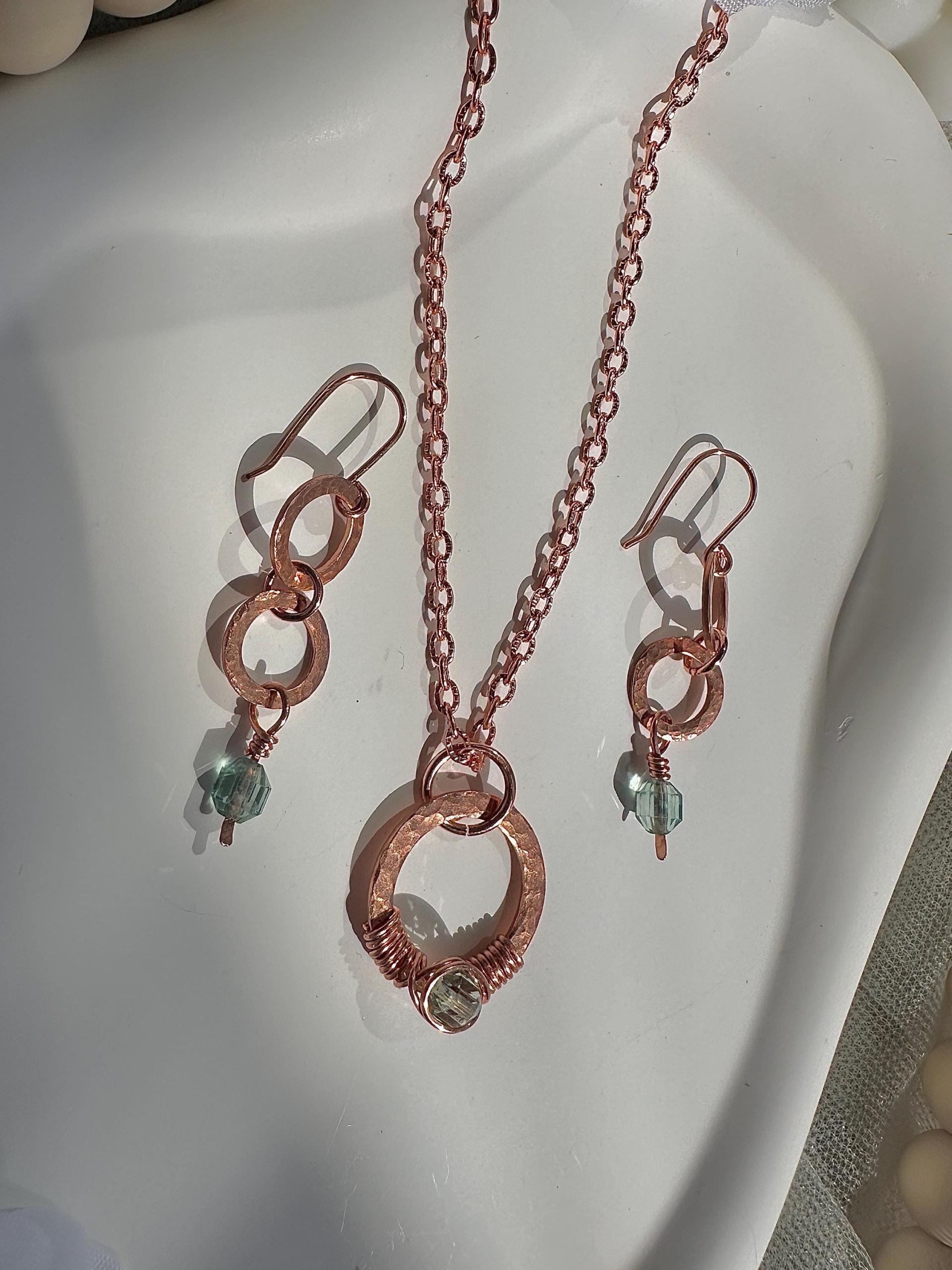 Handmade Fluorite Hammered Copper Link Necklace and Earrings Set