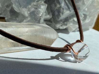 ONE of a KIND, HANDMADE Optical Quartz Sphere Copper Leather Choker Necklace