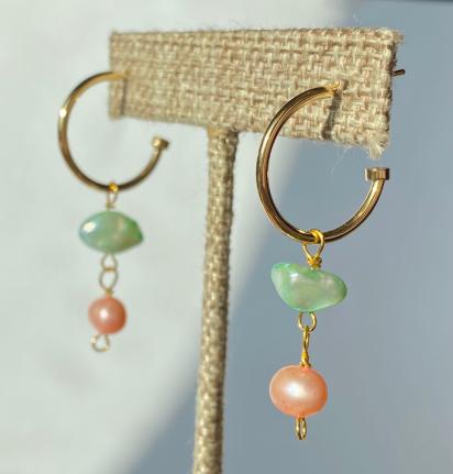 ONE of a KIND, HANDMADE Pink & Aqua Green Pearl Dangle Hoops