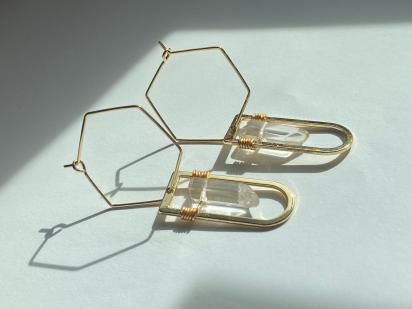 Quartz Geo Gold Hexagon Hoops