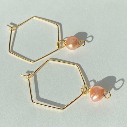 ONE of a KIND, HANDMADE Pink Freshwater Pearl Hexagon Dangle Hoops