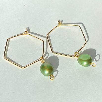 ONE of a KIND, HANDMADE Green Freshwater Pearl Hexagon Dangle Hoops