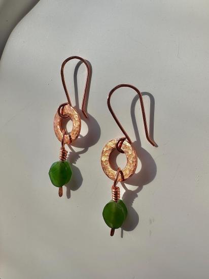 Handmade Natural Jade Hammered Copper Earrings