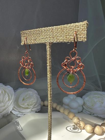 Handmade Natural Jade Hammered Copper Dangle Earrings